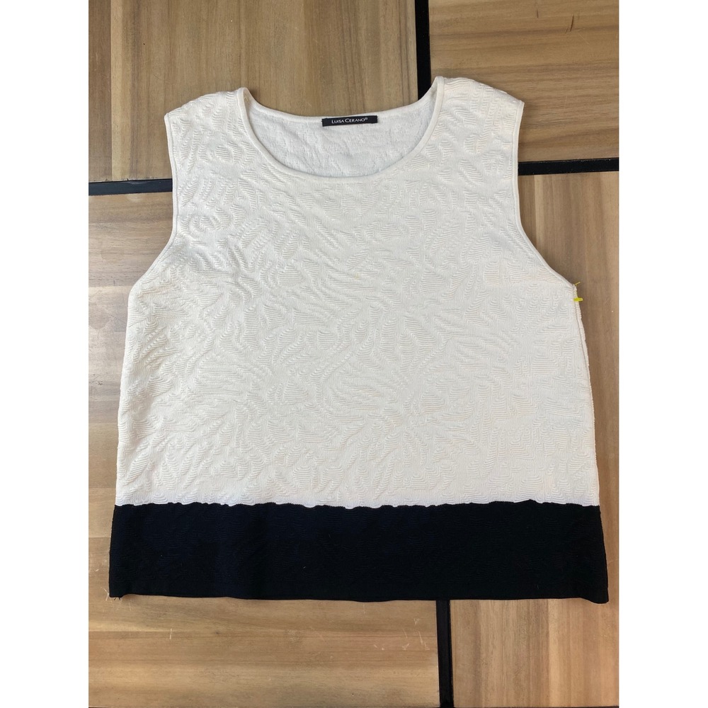 LUISA CERANO Textured Sleeveless Top Cream Black Trim Women's